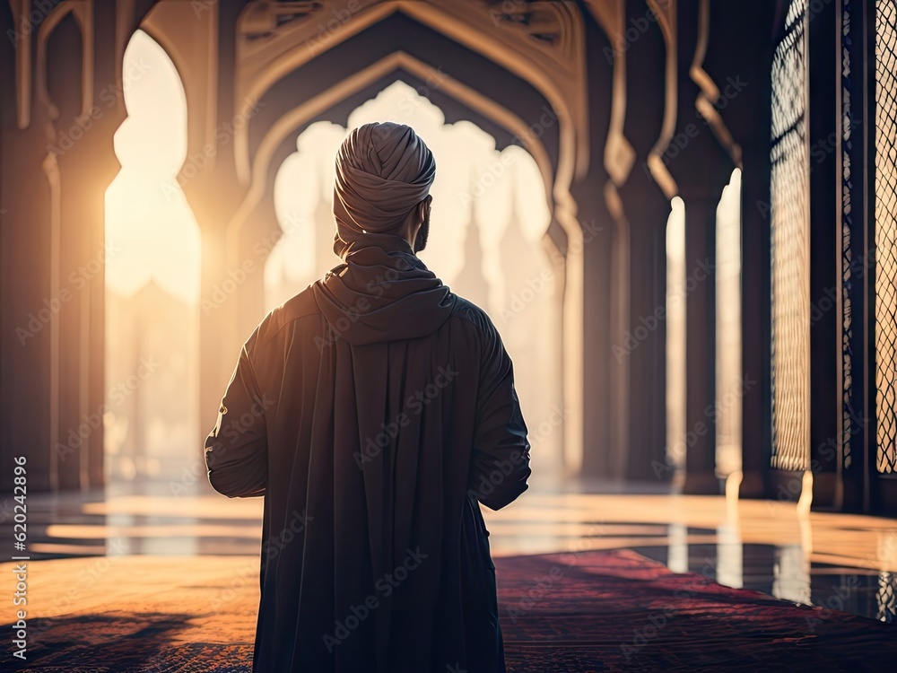 a muslim man back view sit and praying in mosque. ai generative