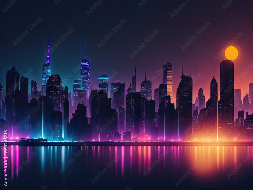 colorful night city skyline glow neon bokeh. ai generative