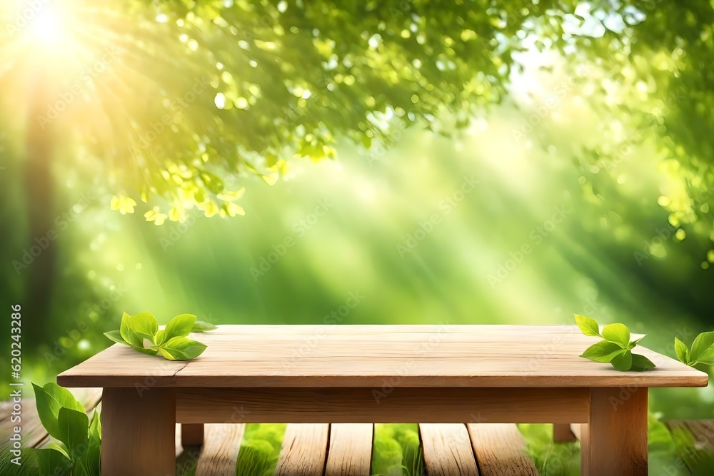 Beautiful Spring Background with Green Lush young foliage and an empty wooden table outdoors. Natural template with bokeh beauty and sunshine Generative AI Beautiful Spring Background with Green Lush young foliage and an empty wooden table outdoors. Natural template with bokeh beauty and sunshine Generative AI