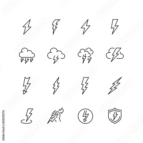 Vector line set of icons related with lightning. Contains monochrome icons like thunder, storm, bolt, arrow, cloud and more. Simple outline sign.