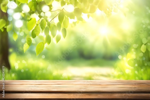 Beautiful Spring Background with Green Lush young foliage and an empty wooden table outdoors. Natural template with bokeh beauty and sunshine Generative AI
