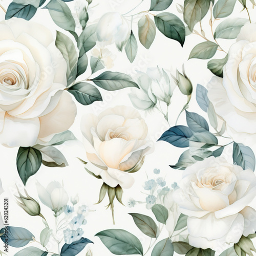 Seamless pattern of white rose flowers and leaves on a white background. Seamless design for fabric, paper, printing. Generative AI.