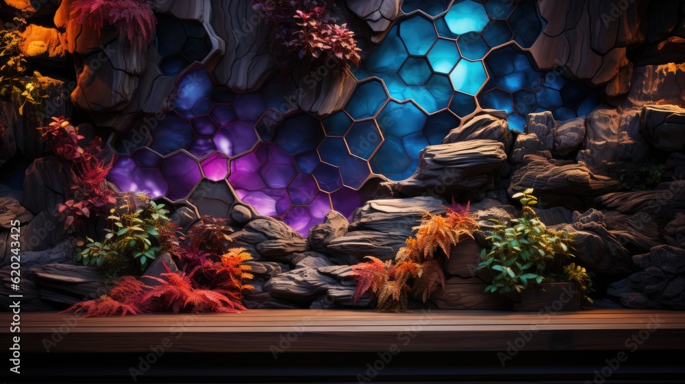 Photo of a stage set with plants and rocks on it and neon  honeycomb wall - obrazy, fototapety, plakaty 