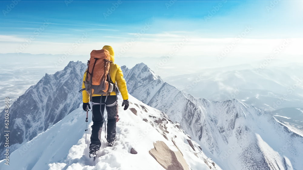 Climber mountaineer man reaching snowy mountain top success in sunny day. Climbing a mountain. Travel sport lifestyle concept.