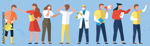 Scientists people set. Science lab worker, chemical researchers during meeting. Laboratory creative scientist job, medicine workers characters men and women in protective masks, with megaphone