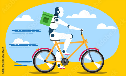 android delivery man with artificial intelligence riding a bicycle with a package on his back