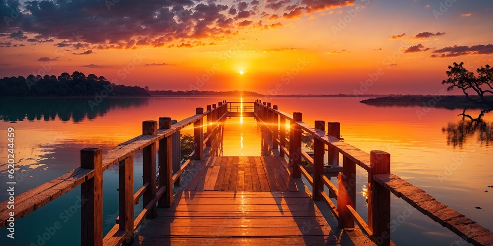 Obraz premium Colorful landscape, bridge at sunrise, sunset.