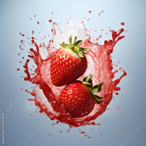 juicy strawberries in taste splash explosion isolated on plain color studio background, made with generative ai