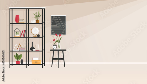 Modern cozy and stylish apartment design. Rack with decor items for interior decoration, bookshelf with potted plants, box and books. Coffee table and shelf with decorations. Office or home furniture