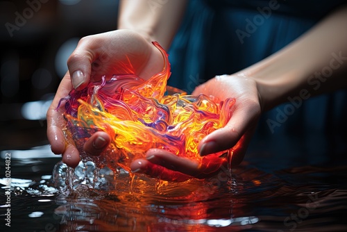 Chromatic Immersion: A mesmerizing scene of hands delicately immersed in a liquid cascade of rainbow colors, fingertips shimmering with a kaleidoscope of hues illustration generative ai photo