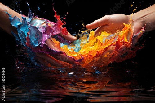 Colorful Embrace: A surreal vision of hands immersed in a luminous liquid, fingers delicately intertwined, as if embracing the vibrant energy of a rainbow illustration generative ai photo