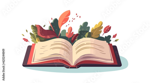 Open book with leaves,  flat cartoon isolated on white background. Vector illustration 
