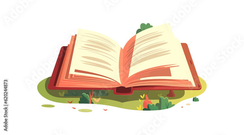 Open book with leaves,  flat cartoon isolated on white background. Vector illustration 