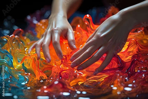 Fluid Rainbow Lgbtq Spectrum: Close - up of hands submerged in a liquid prism, each finger enveloped in a different hue, creating a stunning display of color illustration generative ai photo