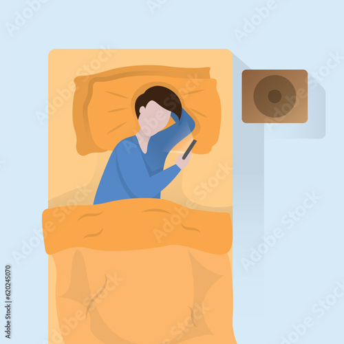 Man using smartphone in bed illustration, Man Looking at Smart phone in bed vector icon, cartoon style