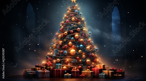 Christmas tree with lights and presents