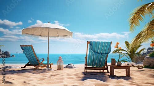 Summer beach. Two deck chairs and protective umbrella against sun sea sand background.