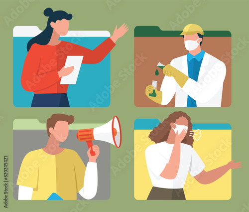 Scientists people set. Science lab worker, chemical researchers during online meeting. Laboratory creative scientist job, medicine workers characters men and women in protective masks, with megaphone