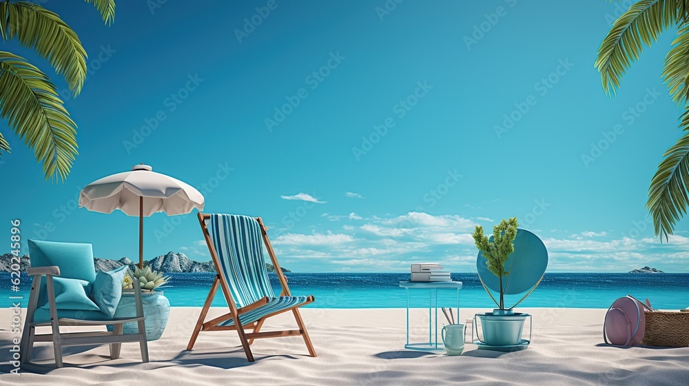 Summer beach. Two deck chairs and protective umbrella against sun sea sand background.