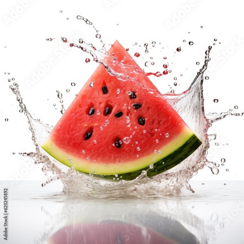 Fresh watermelon in water splash on white backround. Juicy fruit. Generative AI