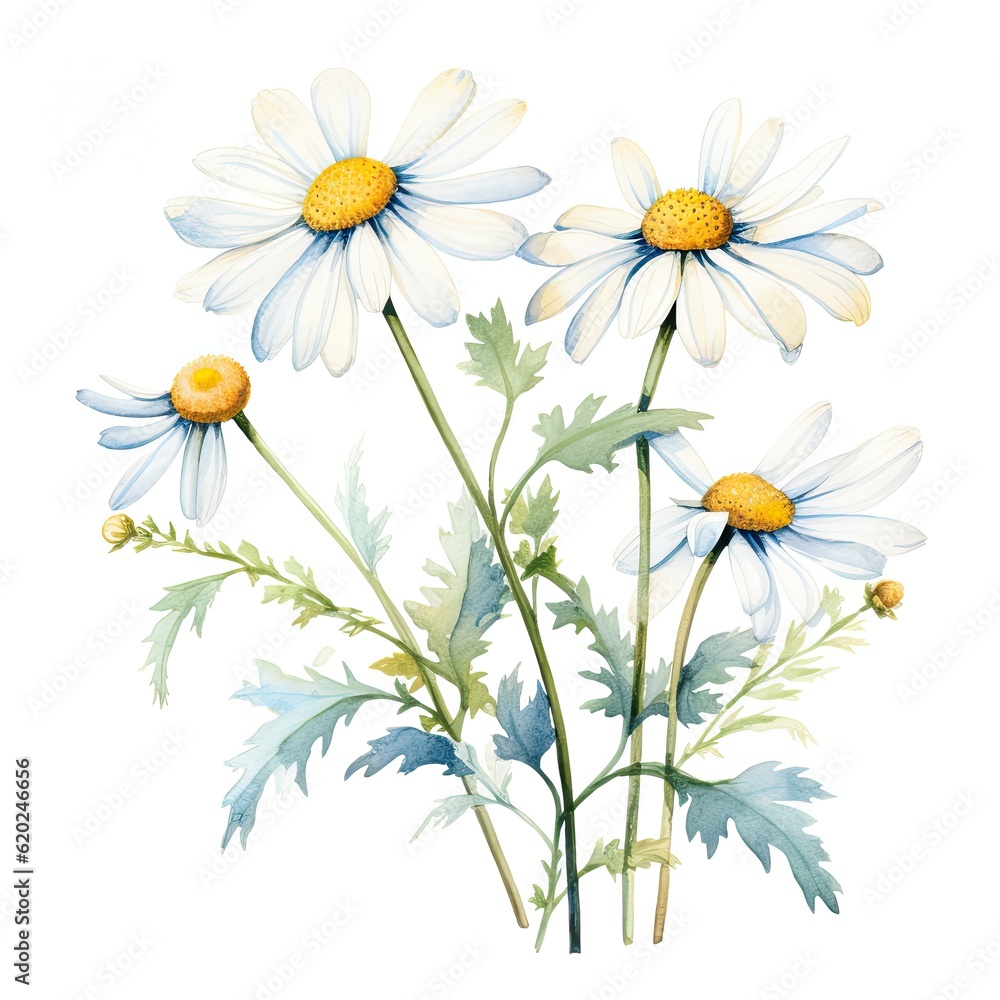 Fototapeta premium Colorful watercolor daisy flowers illustration on a white background. Generative AI