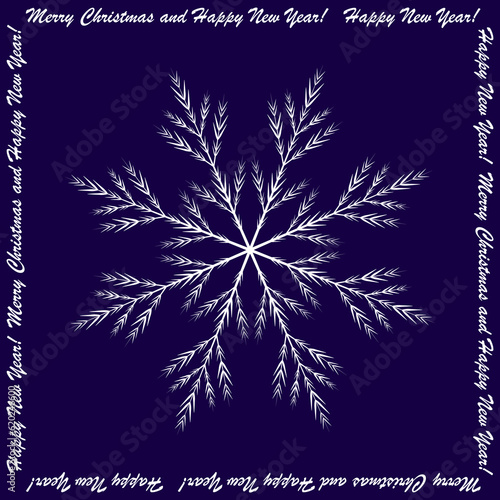 Large white snowflake on a dark blue background with a frame of wishes written in white letters. Winter vector illustration.