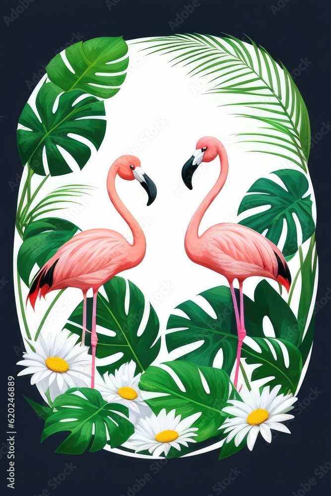 Obraz premium flamingo and tropical leaf decorative design, created with Generative AI technology