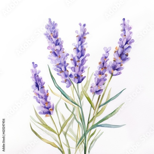 Colorful watercolor lavender flowers illustration on a white background. Generative AI