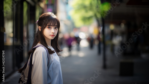 Hübsche junge Japanerin im Park schaut in die Kamera Porträt, ai generativ