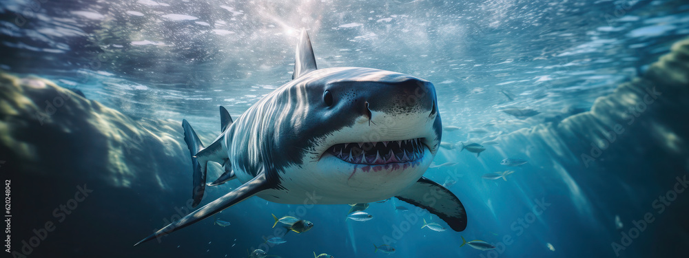 Obraz premium Great White Shark swims in the ocean near the reef. undersea world. close up shot. generative ai, ai, generative