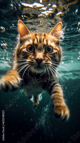 closeup wide angle underwater photo upshot of a cat underwater. cute, funny pet swims. generative ai, ai, generative © Svetlana
