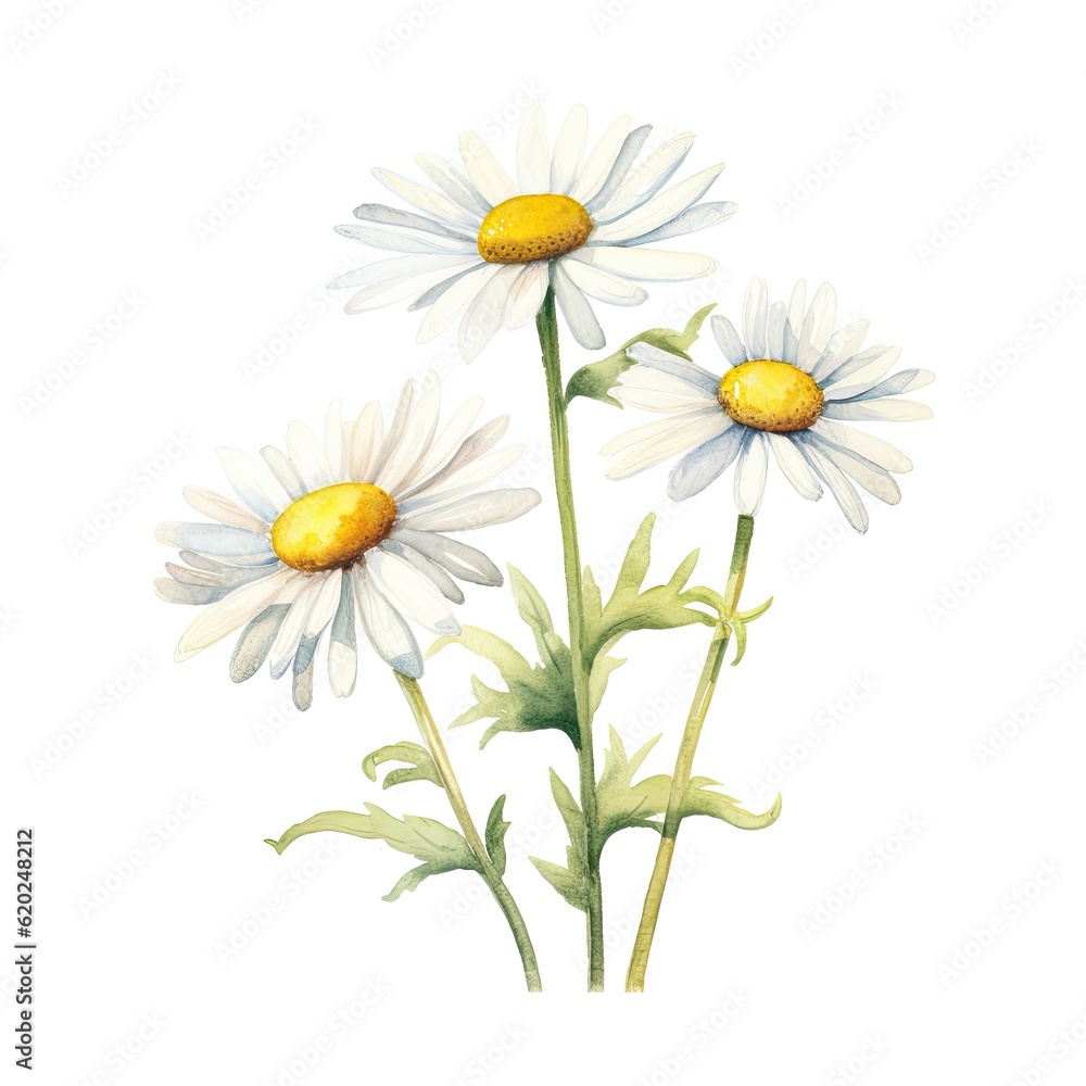 Fototapeta premium Colorful watercolor daisy flowers illustration on a white background.