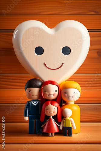 Happy family with one child and heart emotion on wooden background. Wood doll character. Togetherness relationship and lifestyle concept.