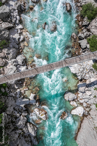 Soca river in Soca valley, Slovenia. Aerial drone view