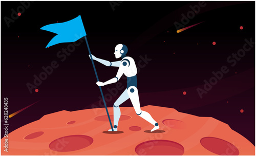 scene of an android conquering mars placing a flag 