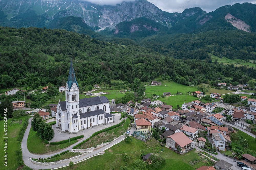 Drežnica village, Slovenia. Drone aerial view. Picturesque rural green landscape