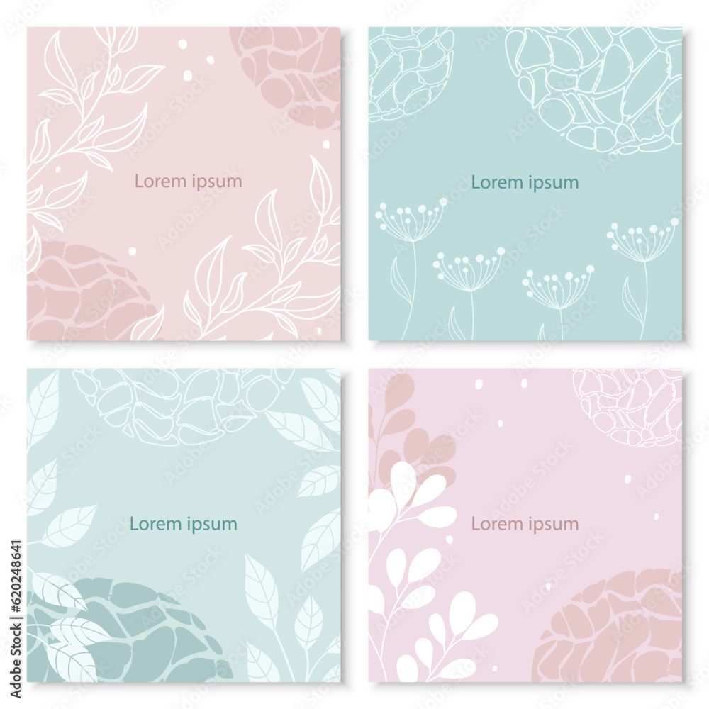 Set of four square backgrounds in pastel colours with floral and abstract elements. Minimalism with floral elements and texture in the design of a poster, cover, card, invitation, social media post.
