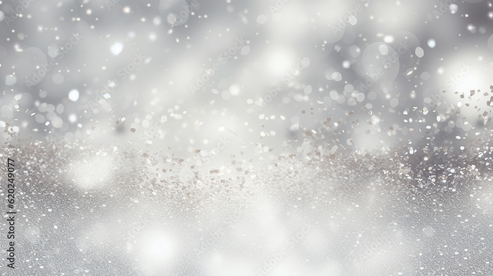 Fototapeta premium Christmas background with snowflakes and bokeh glitter effect with room for copy. AI generative art.