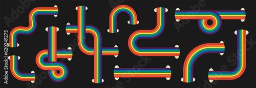 Retro groovy hipster rainbow color stripes set. Psychedelic hippie rainbows collection. Vintage hippy style crazy various twisted abstract iridescent design elements. Trendy y2k colorful eps templates