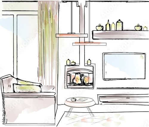 Livingroom modern design vector line art