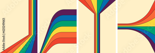 Retro groovy rainbow color striped poster set. Geometric hippie rainbows path on art covers. Vintage hippy style various abstract iridescent stripes. Trendy minimalistic y2k colorful vector artwork