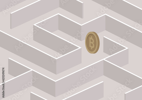 A bitcoin coin hidden between the labyrinth walls