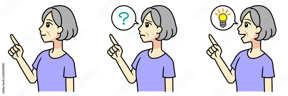 A set of a senior woman pointing up with her finger A set of a senior woman pointing up with her finger