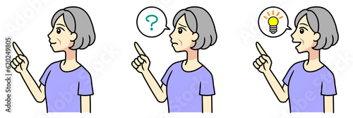 set of senior woman pointing up with finger
