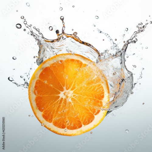 Fresh orange in water splash on white backround. Juicy fruit. Generative AI