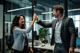 A woman and a man high-five in the office, generative ai
