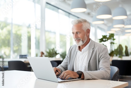 An older attractive man with white hair and a beard is sitting in the office at a laptop, generative ai