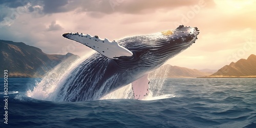 Generative AI. Blue whale in the open ocean. Blue whale emerges 3d illustration concept © Elena