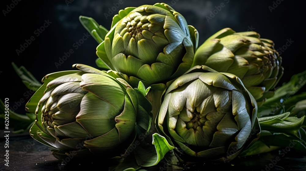 Fototapeta premium Fresh Artichokes isolated on dark background