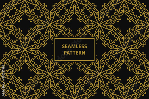 seamless pattern with floral ornaments in gold color on a black background, vector seamles pattern